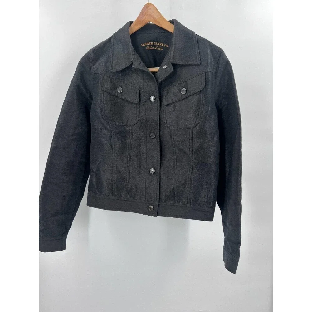 Lauren by Ralph Lauren Womens L Large Black Shiny Snap Front Moto Jacket EUC
